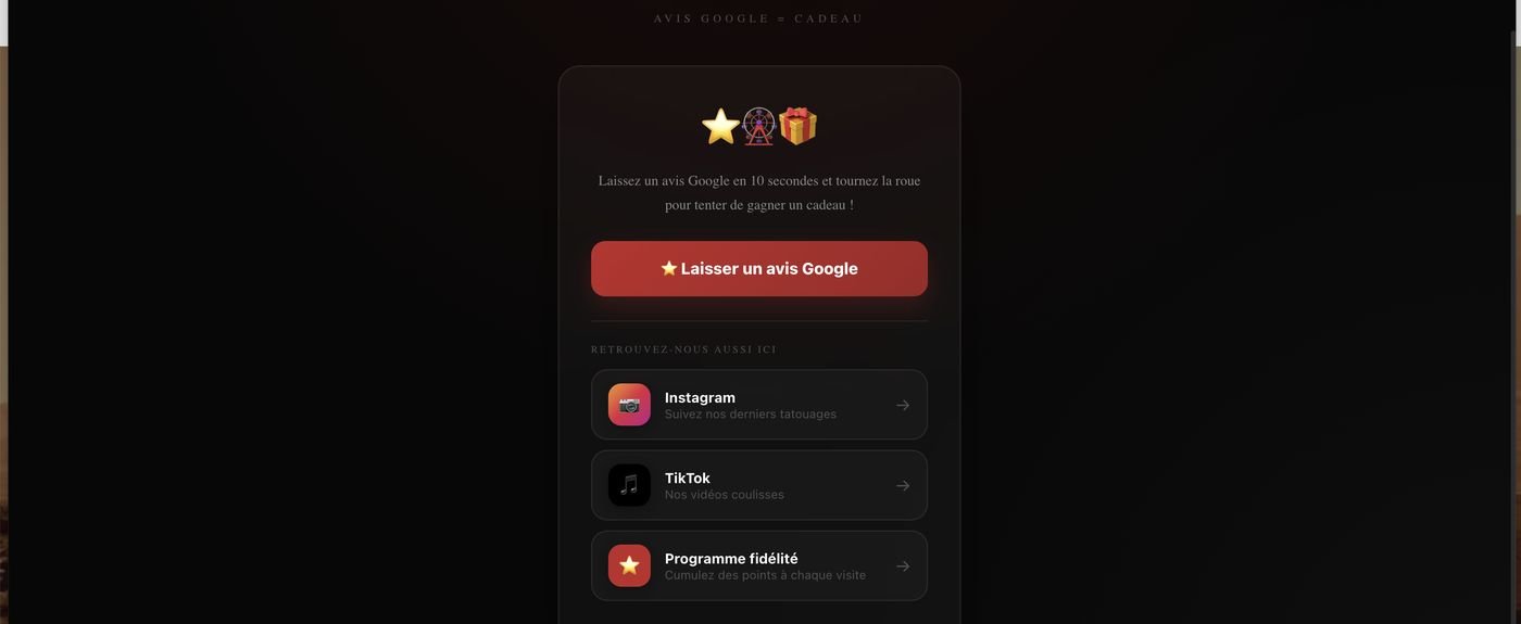 Aperçu de la demande d'avis Google et des liens réseaux sociaux du commerce